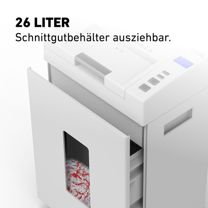 Aktenvernichter mit herausziehbarem Schnittgutbehälter und LCD-Display zur Statusanzeige.