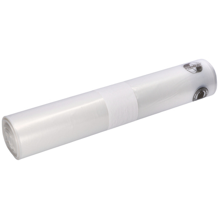 Weißer, zusammengerollter Müllsack im Sichtfenster mit grafischen Symbolen an der Seite.