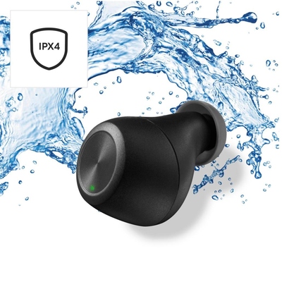 Kabelloser Bluetooth-Kopfhörer mit Wasserpfeil und IPX4-Zertifizierung vor Wasserspritzern.