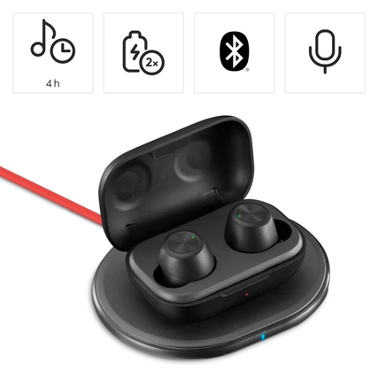 Kabellose Bluetooth-Kopfhörer im Ladecase mit induktiver Ladefunktion.