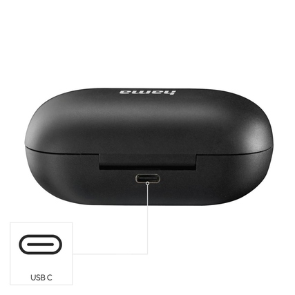 Schwarzes Ladecase für kabellose Bluetooth-Kopfhörer mit USB-C-Anschluss.