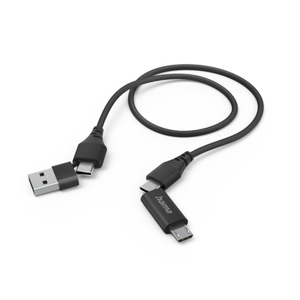 Hama USB-Kabel 4in1 mit geflochtenem Nylonmantel und mehreren Anschlüssen auf weißem Hintergrund.