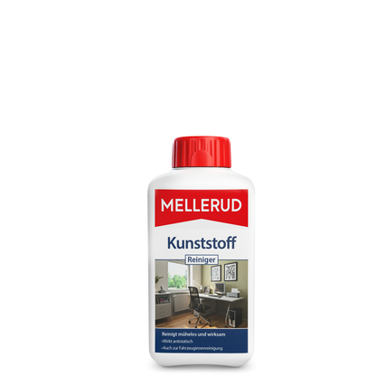 Flasche mit Mellerud Kunststoffreiniger, weißer Behälter mit rotem Deckel und Bildmotiv.