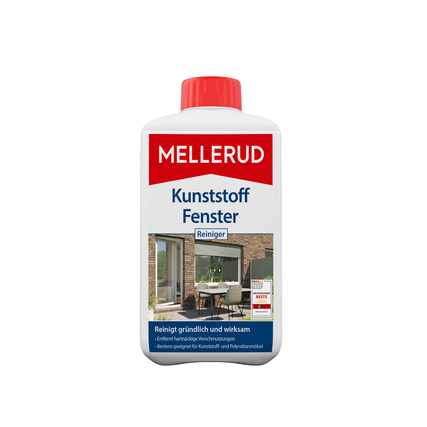 Flasche mit Mellerud Kunststoffreiniger für Fenster, rot-weißer Verschluss, Vorderansicht.