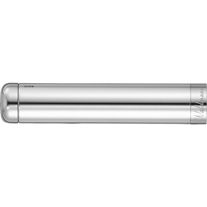 Silberner Füllfederhalter in geschlossener Position, oval und glänzend.