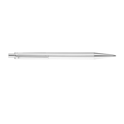 Kugelschreiber in minimalistischem, platinierten Designs, seitlich abgebildet.