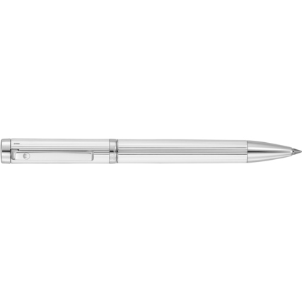 Silberner Tintenroller mit geriffeltem Design und Clip in horizontaler Ansicht.