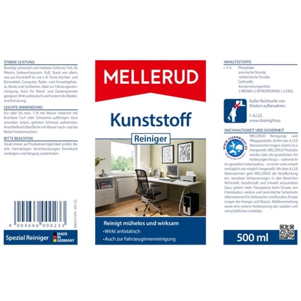 Produktverpackung des Mellerud Kunststoffreinigers in einer 500 ml Flasche mit Anwendungshinweisen.