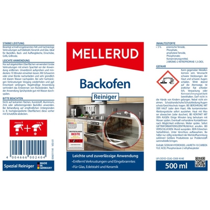 Mellerud Backofenreiniger in einer 500 ml Flasche mit Anwendungshinweisen und Inhaltsstoffen.