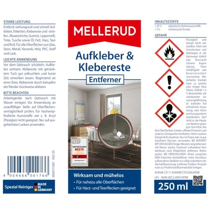 Produktetikett des Mellerud Klebstoffentferners in einer klaren, farbigen Darstellung.