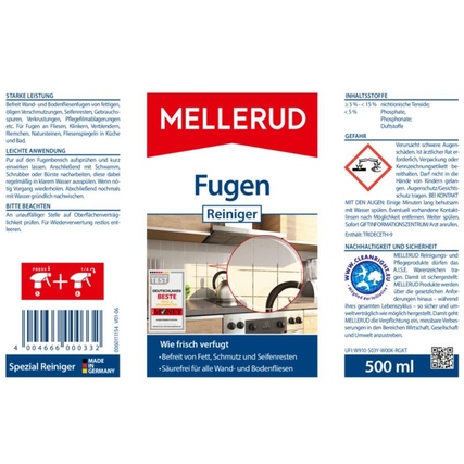 Mellerud Fugen-Reiniger in einer 500 ml Flasche, abgebildet mit Vorder- und Rückseite des Etiketts.