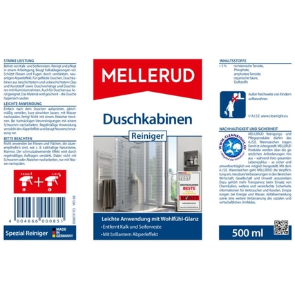 Flasche mit Duschkabinen-Reiniger, Bedienungsanleitung und Anwendungshinweisen auf Etikett.