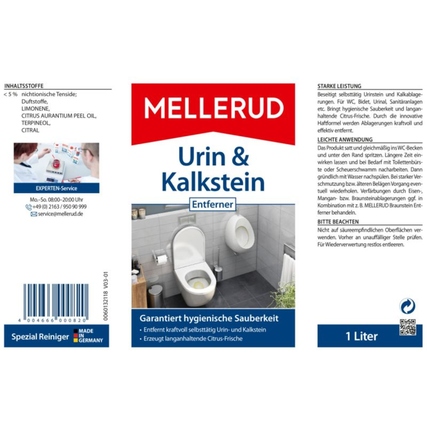 Flasche mit Mellerud Urin- & Kalkstein-Entferner, vorn mit Anwendungshinweisen und Inhaltsstoffen.