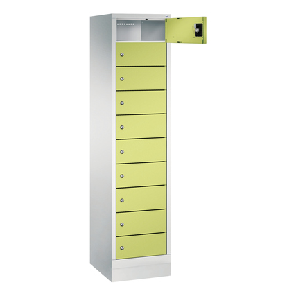 Schließfachschrank mit 10 Fächern, clowngrün, eine Tür geöffnet, korrosionsbeständiger Stahl.