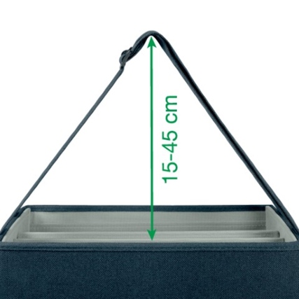 Aufbewahrungstasche mit verstellbarem Griff und Maßangabe von 15-45 cm in grau und dunkelblau.