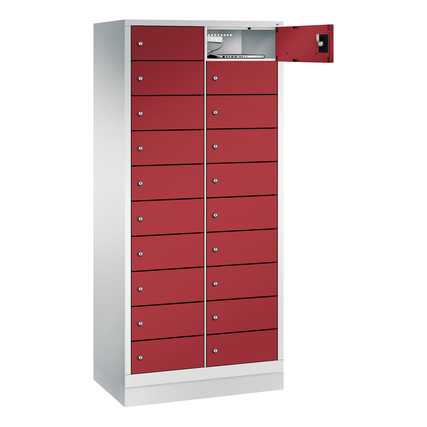 C+P Schließfachschrank Evolo48 Notebooks, Tablets, Smartphones 2 x 10 Fächer Stahl, lackiert Farbe der Front: rubinrot