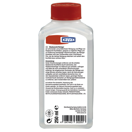 Flasche mit Glaskeramikreiniger, Beschreibung und Anwendungshinweisen auf der Rückseite.