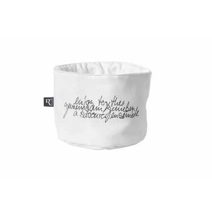 Weißer Brotkorb aus Baumwolle mit handgeschriebenem schwarzen Decal auf der Vorderseite.