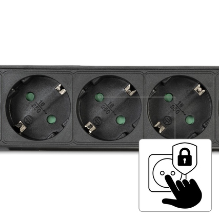 Schwarze Steckdosenleiste mit sechs Steckdosen und Sicherheitssymbol.