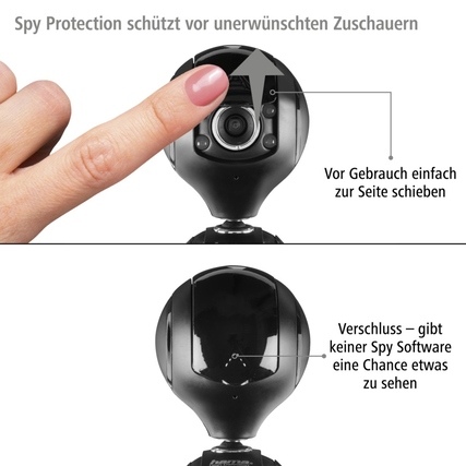 Webcam mit verschließbarer Linse und integriertem Mikrofon zur Spionageschutz-Anwendung.