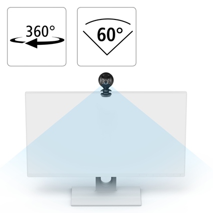 Webcam mit verschließbarer Linse und Standfuß, montiert auf einem Monitor mit Sichtfeldanzeige.
