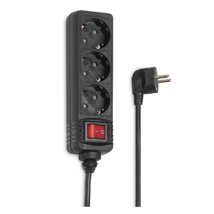 Steckdosenleiste mit drei Anschlüssen, beleuchtetem Schalter und abgehendem Stromkabel.