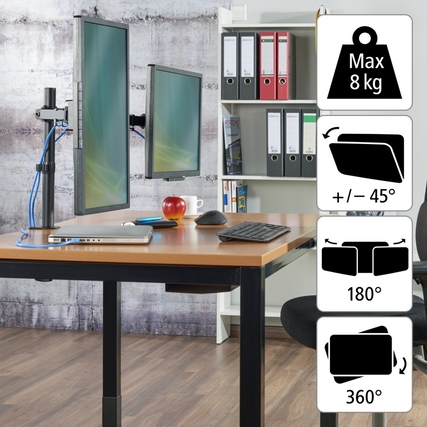 Zwei Monitore an einem Hama Monitorschwenkarm auf einem Schreibtisch mit Büromaterialien.