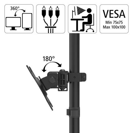 Halterungssystem für Monitore mit verstellbarem Arm, zeigt Bewegungsfreiheit und Montageoptionen.