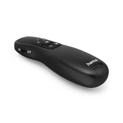 Schwarzer Wireless Presenter mit grünem Laserpointer und Bedientasten für Präsentationen.