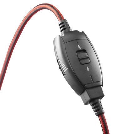 Kabelfernbedienung des Hama Headsets mit Mute-Taste und Lautstärkeregler auf einem Kabel.