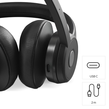 Schwarzes Bluetooth-Headset mit beweglichem Mikrofonarm und USB-C-Anschluss.