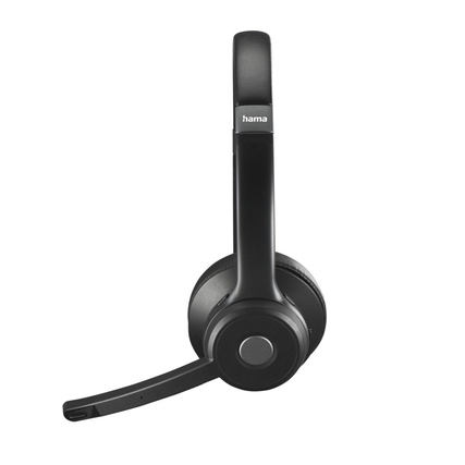 Schwarzes On-Ear Bluetooth-Headset mit Mikrofonarm aus seitlicher Sicht.
