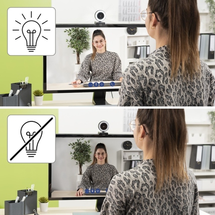 Webcam C-850 Pro mit Benutzerin, die Einstellungen für Beleuchtung und Zoom vornimmt.