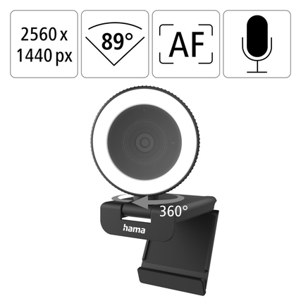 Webcam mit Ringlicht und verstellbarem Sichtwinkel, geeignet für Streaming und Videoanrufe.