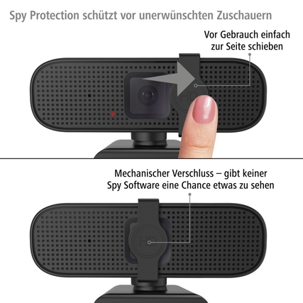Webcam mit Hand, die die verschließbare Linse zum Schutz vor Spionage zeigt.
