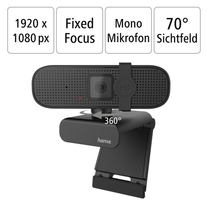 Webcam mit 1920 x 1080 px Auflösung, 70° Sichtfeld und drehbarem Design für Montage.