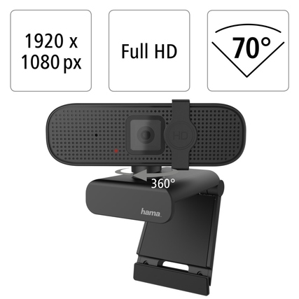 Webcam mit 360-Grad-Drehung, Full-HD-Auflösung und integriertem Mikrofon.