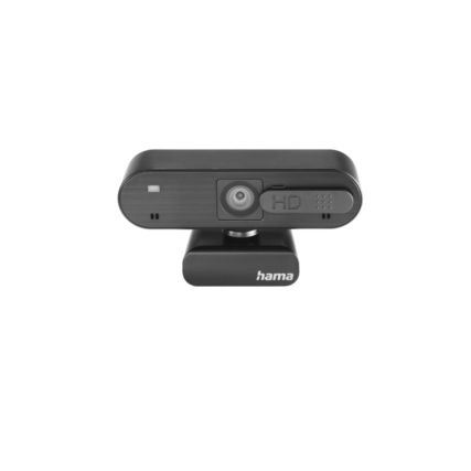 Webcam in schwarzer Farbe mit HD-Kamera und Verschlusslinse, Frontansicht.
