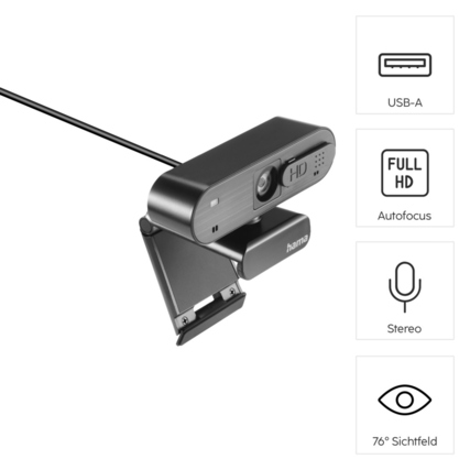 Full-HD-Webcam mit USB-Anschluss, Autofokus, Stereo-Mikrofon und 76° Sichtfeld.
