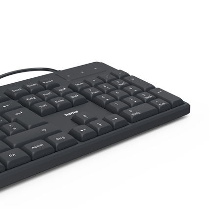 schwarze kabelgebundene PC-Tastatur mit leicht gewölbter Oberfläche und ausgeprägten Tasten