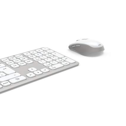 Tastatur und Maus in grau/weiß mit schlankem Design auf hellem Hintergrund.