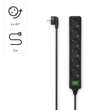 Steckdosenleiste mit sechs Steckdosen, grün beleuchtetem Schalter und 3 m Kabel.