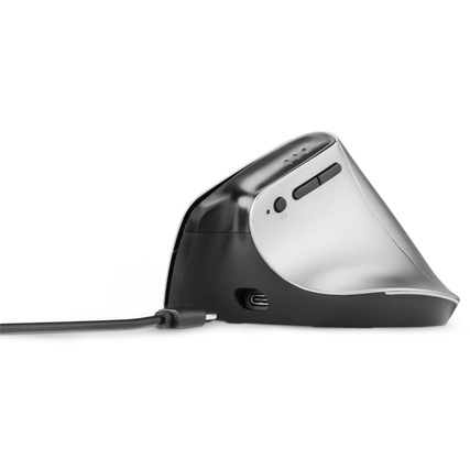 Ergonomische optische Maus in seitlicher Ansicht mit USB-C-Anschluss und Tasten.