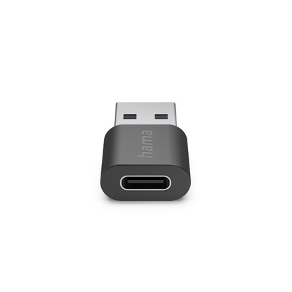 USB-A-Stecker zu USB-C-Buchse Adapter in schwarzem Gehäuse, Vorderansicht.
