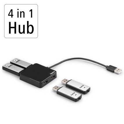 USB-Hub mit vier Anschlüssen und drei USB-Sticks in einer neutralen Gesamtdarstellung.