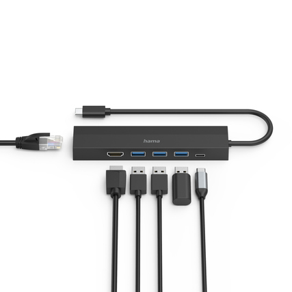 USB-C-Hub mit 6 Anschlüssen und Kabeln, auf weißem Hintergrund angeordnet.