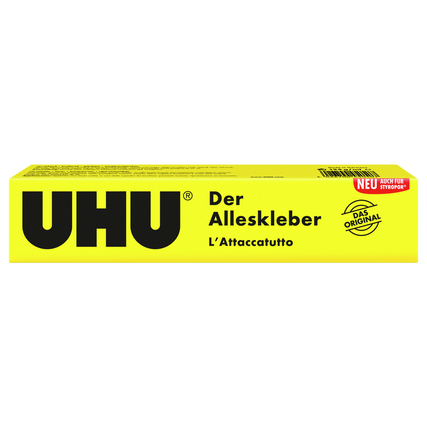 Gelber Karton mit dem Aufdruck "UHU Der Alleskleber" und Hinweisen zur Verwendung.