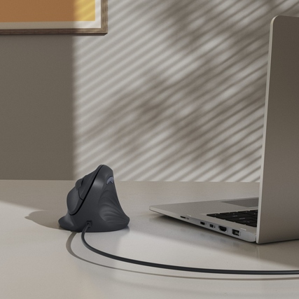 Ergonomische, vertikale PC-Maus in Grau, neben einem Laptop auf einem Tisch abgebildet.