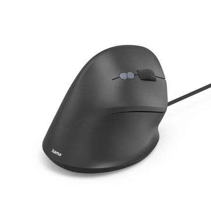 Ergonomische, vertikale PC-Maus mit Kabel in Schwarz, für Rechtshänder geeignet.