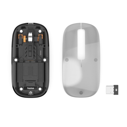Optische PC Maus in transparentem Design mit abnehmbarem Gehäuse und USB-Empfänger.